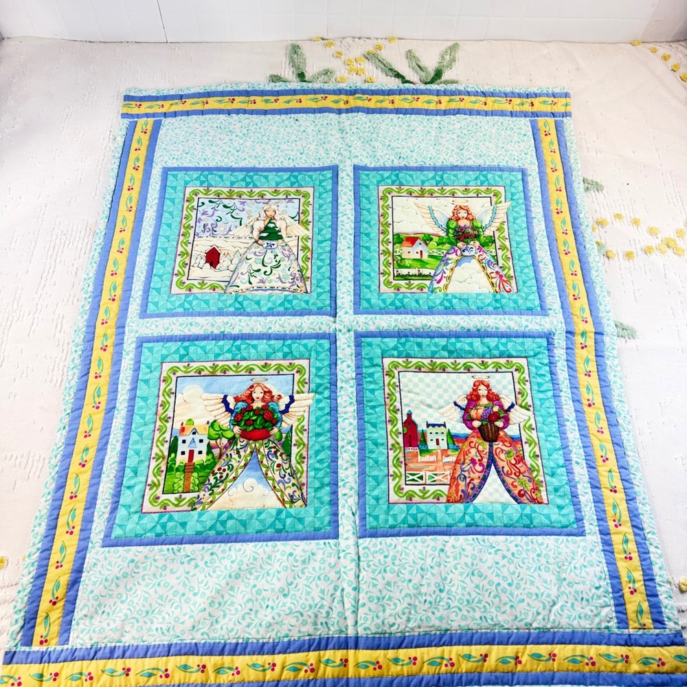 Handmade vtg seasonal Angel Quilt Wall Hanging Turquoise Blue Yellow 39x32.5l